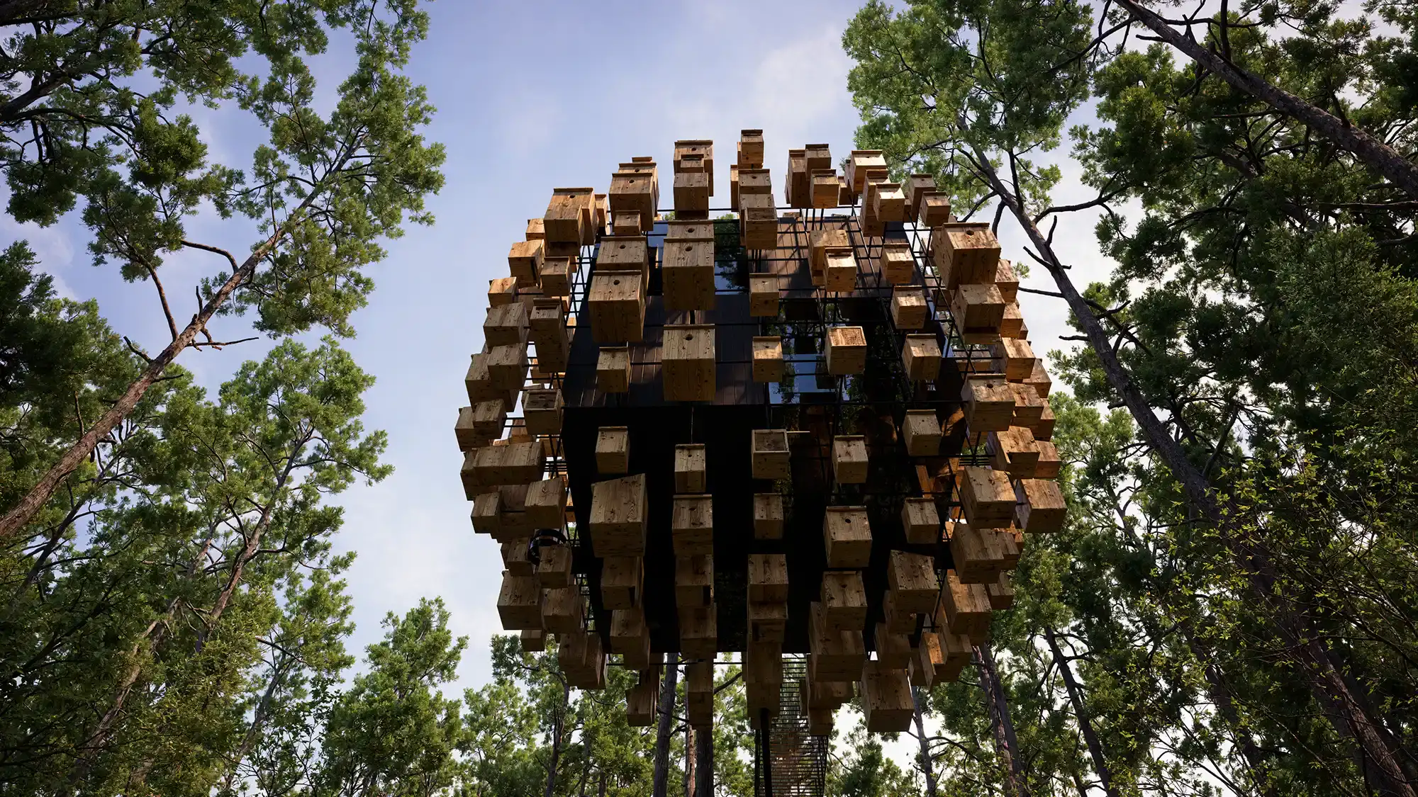 Vista exterior en D5 Render de la estructura icónica BIG y D5 Render: diseño modular suspendido entre árboles bajo cielo claro, ejemplo perfecto de integración ambiental en el workshop.