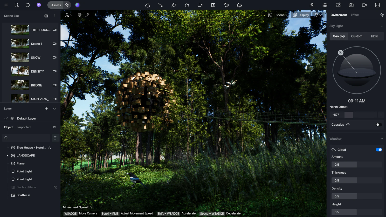 Interfaz de D5 Render en acción durante workshop BIG y D5 Render: vista de tree house integrado en bosque con capas y propiedades visibles para visualización en tiempo real.