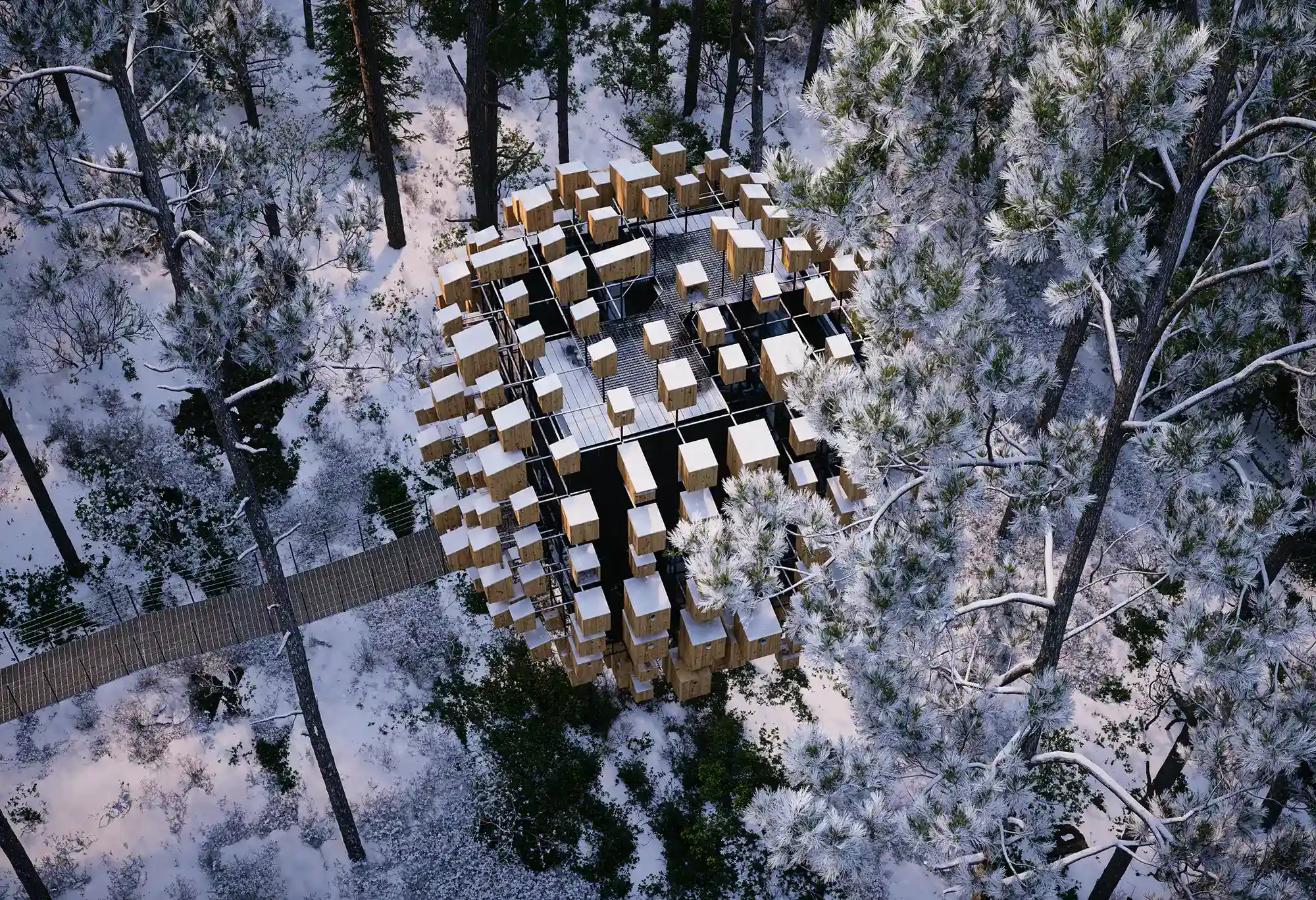 Render aéreo en D5 Render del proyecto BIG y D5 Render en invierno: esfera cúbica nevada rodeada de pinos, mostrando atmósferas dinámicas para visualizaciones arquitectónicas avanzadas.