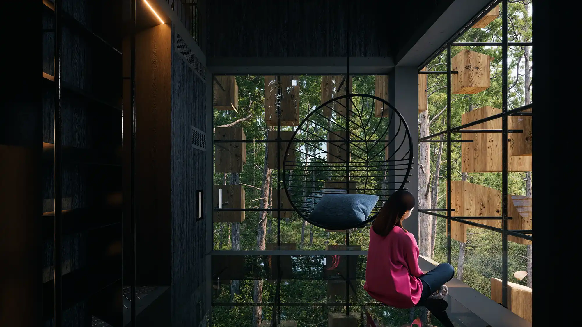 Vista interior renderizada en D5 Render del tree house de BIG: mujer relajada con iluminación natural y detalles arquitectónicos, destacando storytelling visual del workshop.