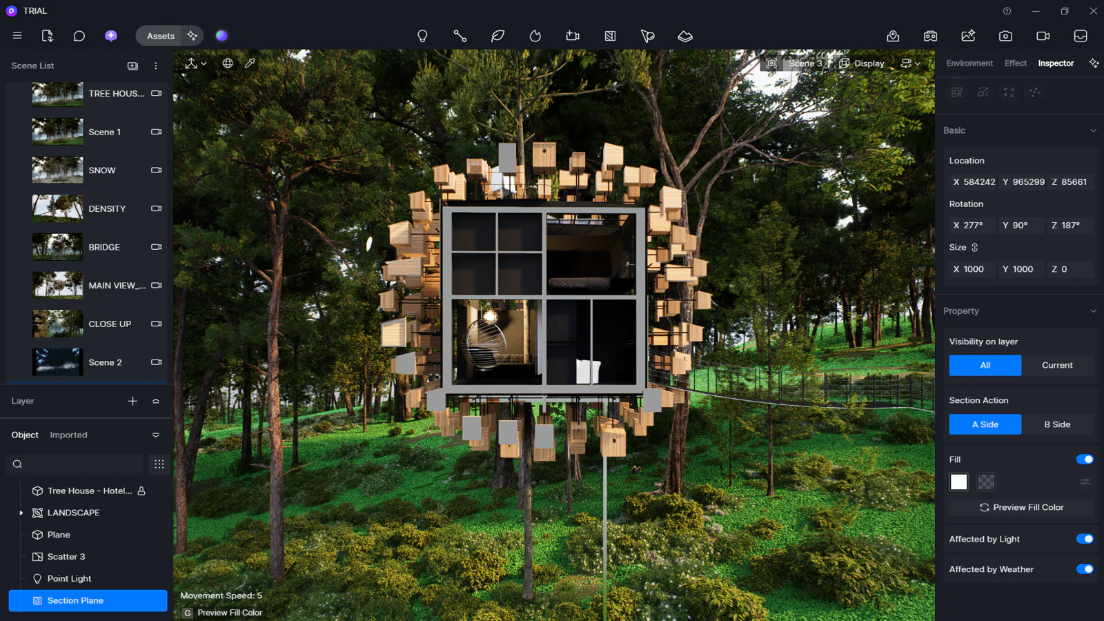Escena diurna en D5 Render del proyecto BIG y D5 Render: estructura cúbica elevada en bosque con efectos de cielo y clima, ideal para aprender workflows de renderizado rápido.
