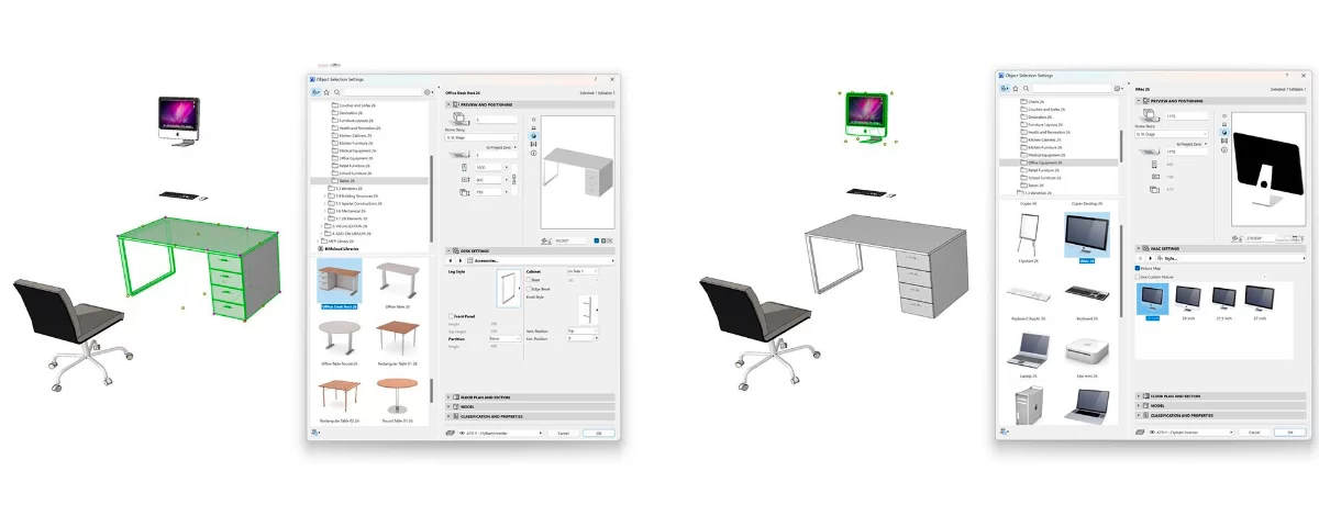 Hay una gran selección de muebles de oficina en la biblioteca incorporada de Archicad. Los objetos se pueden configurar de muchas maneras, incluida la forma en que deben aparecer las vistas 2D y 3D.