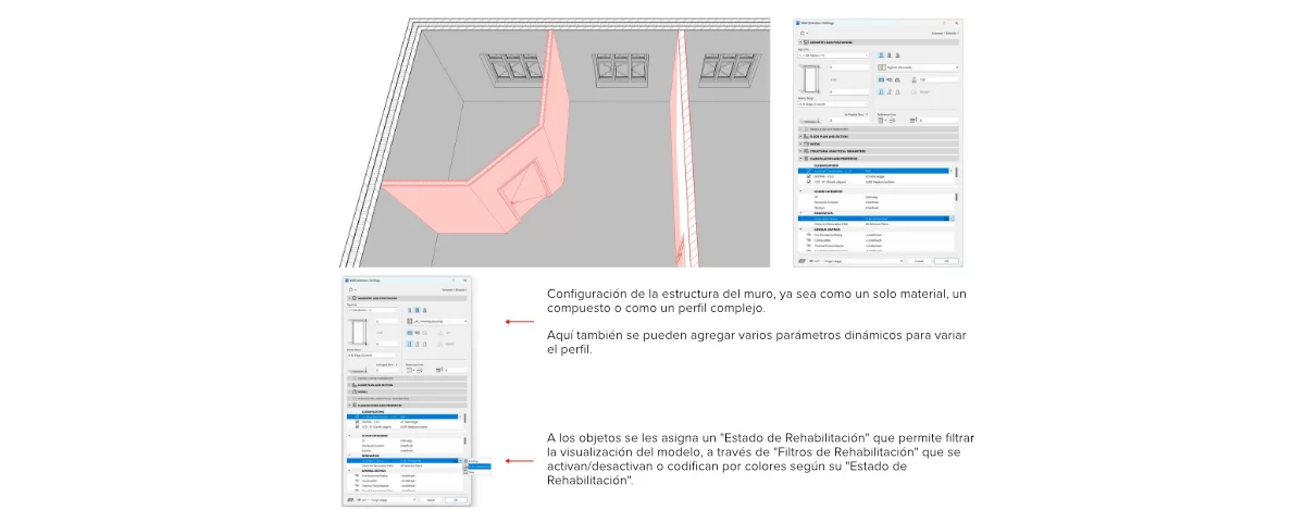 El estado de rehabilitación de las partes del edificio se puede configurar en varios lugares y la sobrescritura gráfica funciona tanto en 2D como en 3D.