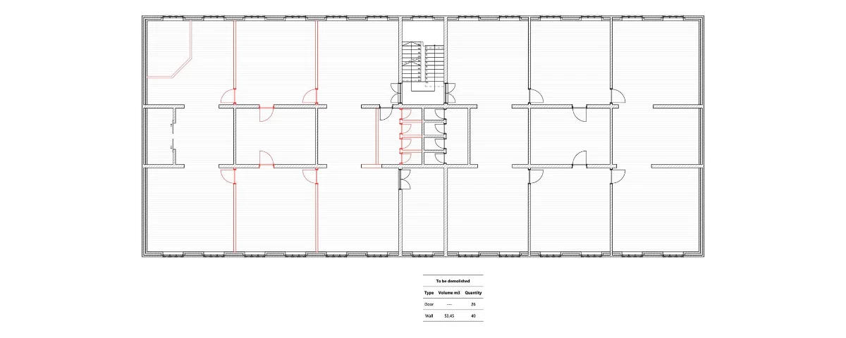 Plan de demolición con línea roja para separar los componentes del edificio.