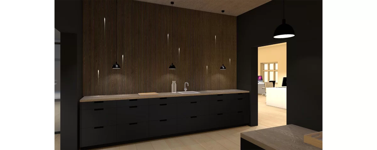 Visualización de cocina con paneles acústicos e iluminación.